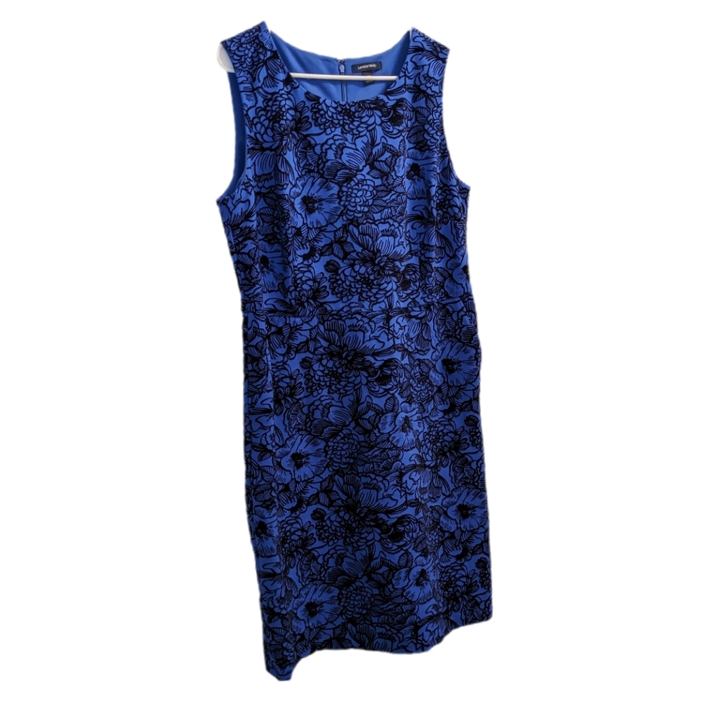 Lands' End Floral Blue & Black Velvet Sleeveless Midi Dress 16W